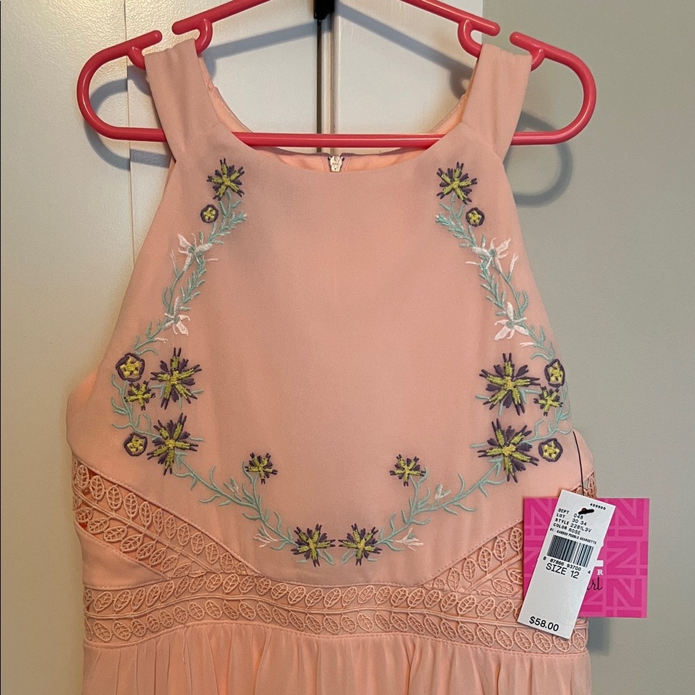 Iz Byer Peach Floral Embroidered Kids Dress